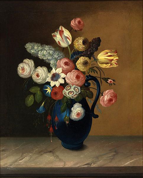  Still life, flowers in a blue jug oil on canvas painting by Van Diemonian (Tasmanian) artist and convict William Buelow Gould (1801 - 1853).